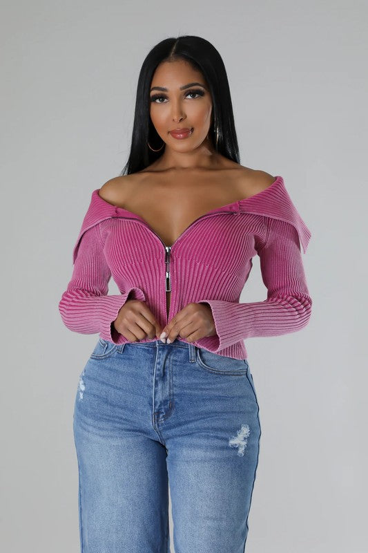 Soft Charm Off-Shoulder Knit  Blush Sweater